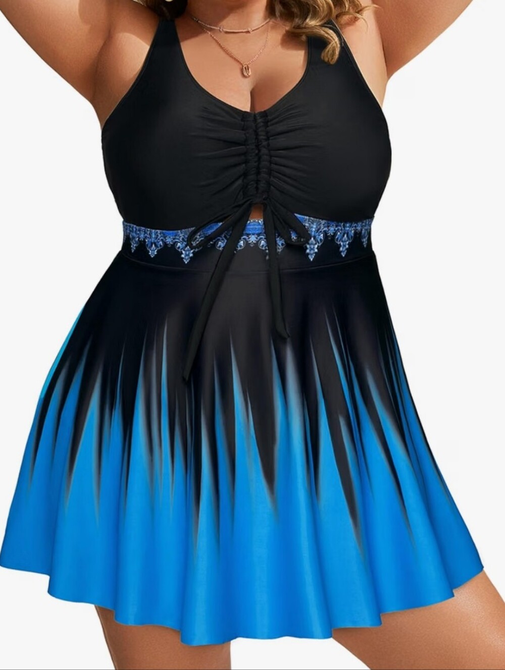 Plus Size Black & Blue Tankini Swimdress Top.